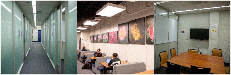 A photo composite of three images show different seating areas in Dahlgren Memorial Library