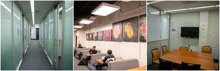 A photo composite of three images show different seating areas in Dahlgren Memorial Library