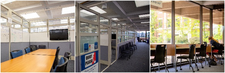 A trio of images showing different study areas in Dahlgren Memorial Library