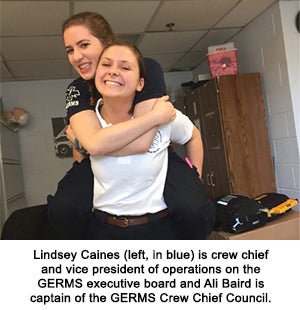 Lindsey Caines, left,  is crew chief and vice president of operations on GERMS executive board and Ali Baird is captain of the GERMS Crew Chief Council.