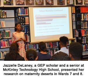 Jazzelle DeLaney, a GEP scholar and a senior at McKinley Technology High School, presents her research