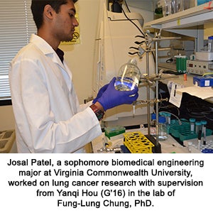 Josal Patel, a sophomore biomedical engineering major at Virginia Commonwealth University, worked on lung cancer research with supervision from Yanqi Hou (G'16) in the lab of  Fung-Lung Chung, PhD.