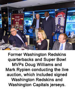 Former Washington Redskins quarterbacks and Super Bowl MVPs Doug Williams and Mark Rypien conducting the live auction, which included signed Washington Redskins and Washington Capitals jerseys.