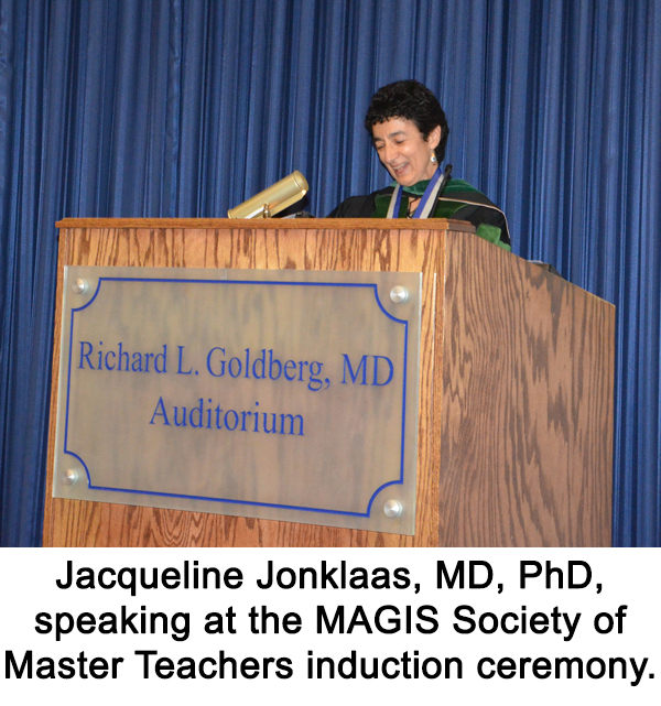 Jacqueline Jonklaas, MD, PhD, speaking at the MAGIS Society of Master Teachers induction ceremony. 
