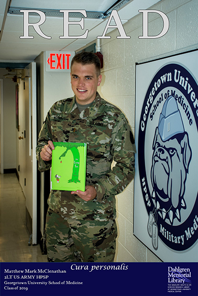 Matthew Mark McClenathen, 2LT U.S. Army HPSP (M'19), with his book selection, “The Giving Tree” by Shel Silverstein.