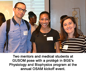 Two mentors and medical students at GUSOM pose with a protégé in BGE's Physiology and Biophysics program at the annual OSAM Kick-Off event.