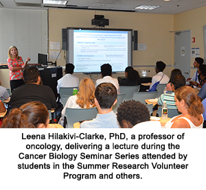 Leena Hilakivi-Clarke, PhD, a professor of oncology, delivering a lecture during the Cancer Biology Seminar Series attended by students in the Summer Research Volunteer Program and others.