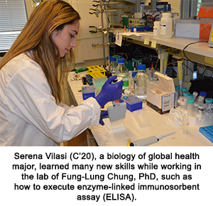 Serena Vilasi (C’20), a biology of global health major, learned many new skills while working in the lab of Fung-Lung Chung, PhD, such as how to execute enzyme-linked immunosorbent assay (ELISA).