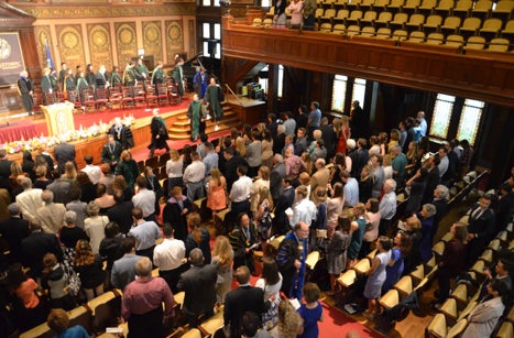 A long view of a crowd in Warwick Hall