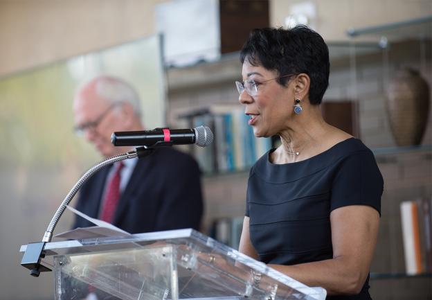 Andrea Roane, retired journalist and breast health advocate, speaking at the Gift of Life Breakfast, an annual benefit for the Capital Breast Care Center (CBCC).