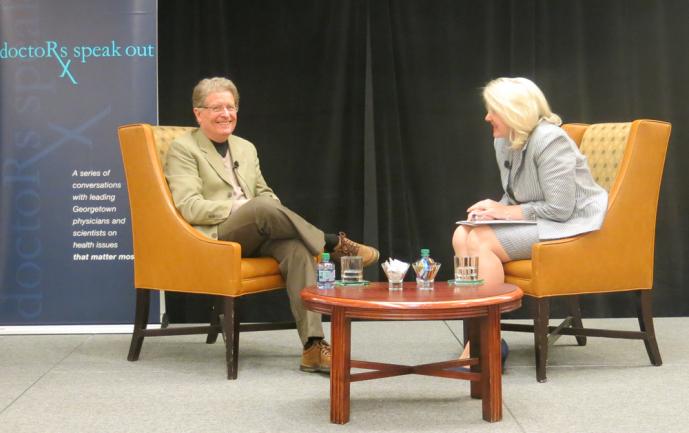 Richard Schlegel, MD, PhD, professor and chair of the department of pathology and director of the Center for Cell Reprogramming at GUMC, was introduced by Jan Smith, journalist and Partners in Research co-chair