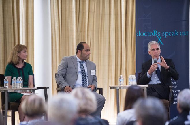 Karen Anderson, MD, Charbel Moussa, MBBS, PhD, and Steven Epstein, MD, talked about the progress scientists have made toward understanding Huntington's disease and the promise of recent research developments at a recent Doctors Speak Out event.