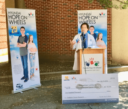 Dr. Toretsky stands at a podium speaking. Surrounding him are posters for Hyundai Hope on Wheels