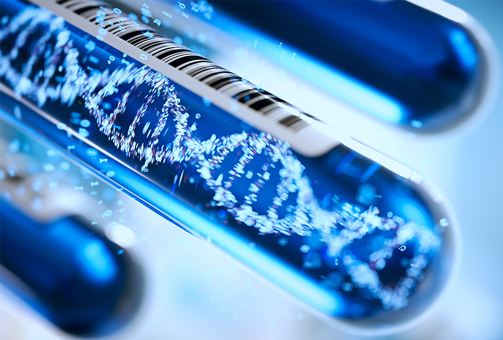 A photo illustration features three test tubes with one containing an image of a strand of DNA