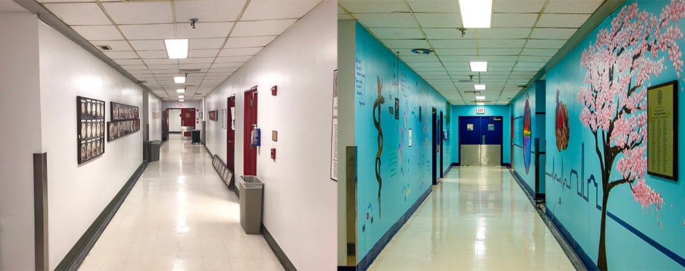 Two images of the same hallway show before murals were painted on the walls and after