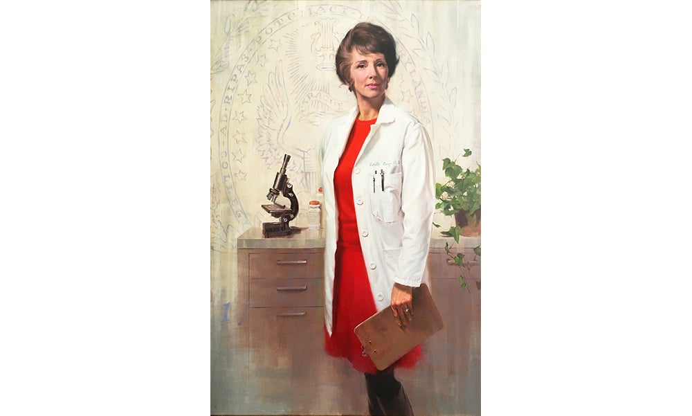 Painted portrait of Estelle Ramey in white doctor's coat