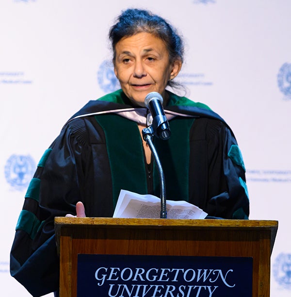 Wafaa El-Sadr speaks at a podium