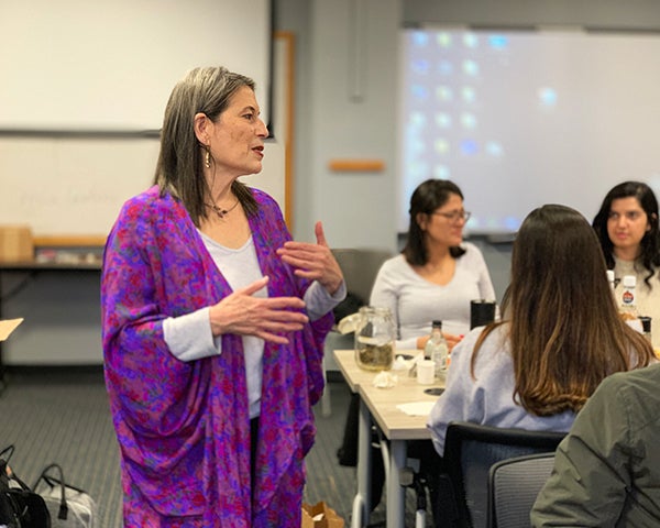 Adriane Fugh-Berman speaks before a class