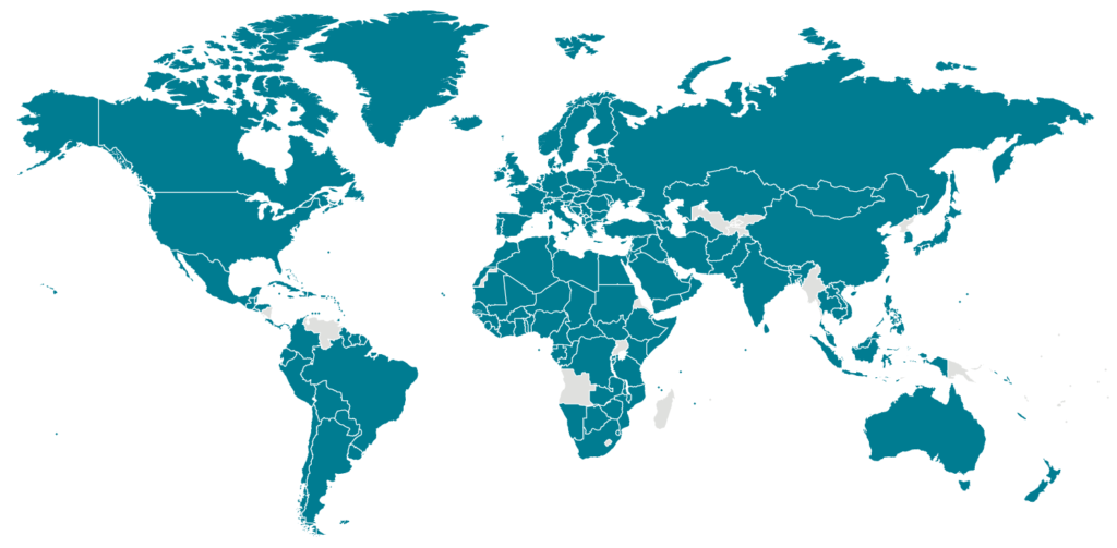 Map of the world, with most countries colored blue indicating presence of COVID-19.