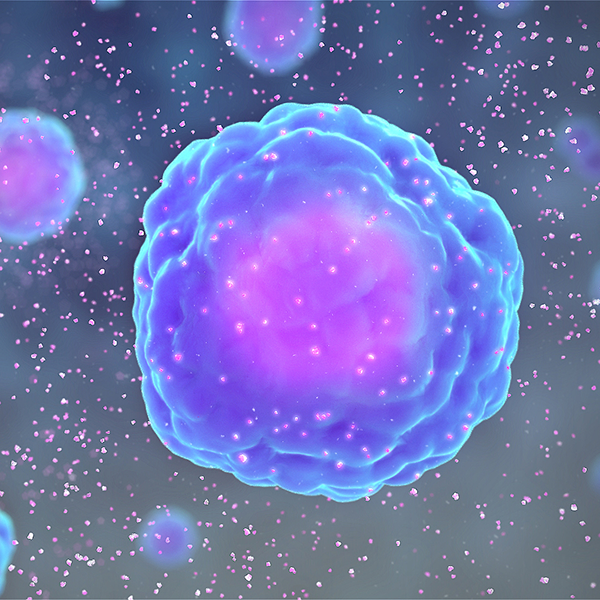A medical illustration depicts a central cell surrounded by small dots representing cytokines