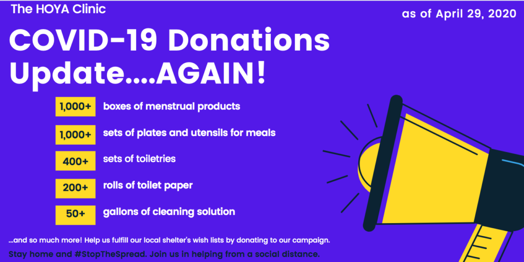 Infographic text reads the HOYA Clinic COVID-19 donations update again as of April 29th. See caption for body text. And so much more. Help us fulfill our local shelter’s wish lists by donating to our campaign. Stay home and #stopthespread. Join us in helping from a social distance.