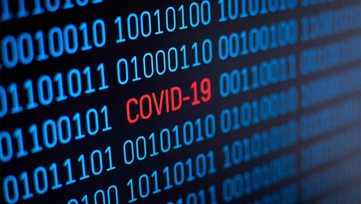 Photoillustration of a computer screen displaying 1's and 0's and "COVID-19" in red text