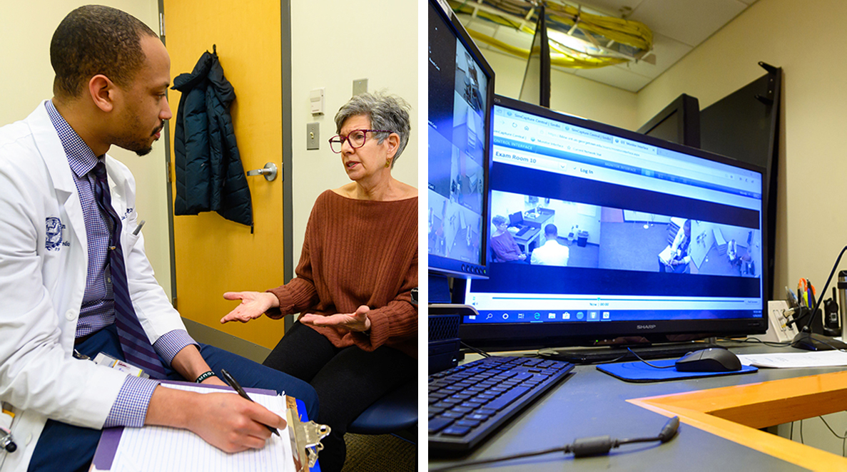Two side by side images show a doctor speaking with a patient, one in-person, the other displayed on a computer monitor via closed-circuit camera