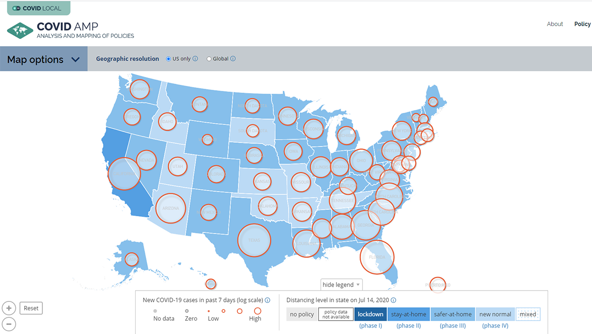 A map of the United States with a circle over each state that indicates the current infection rate and policy situation