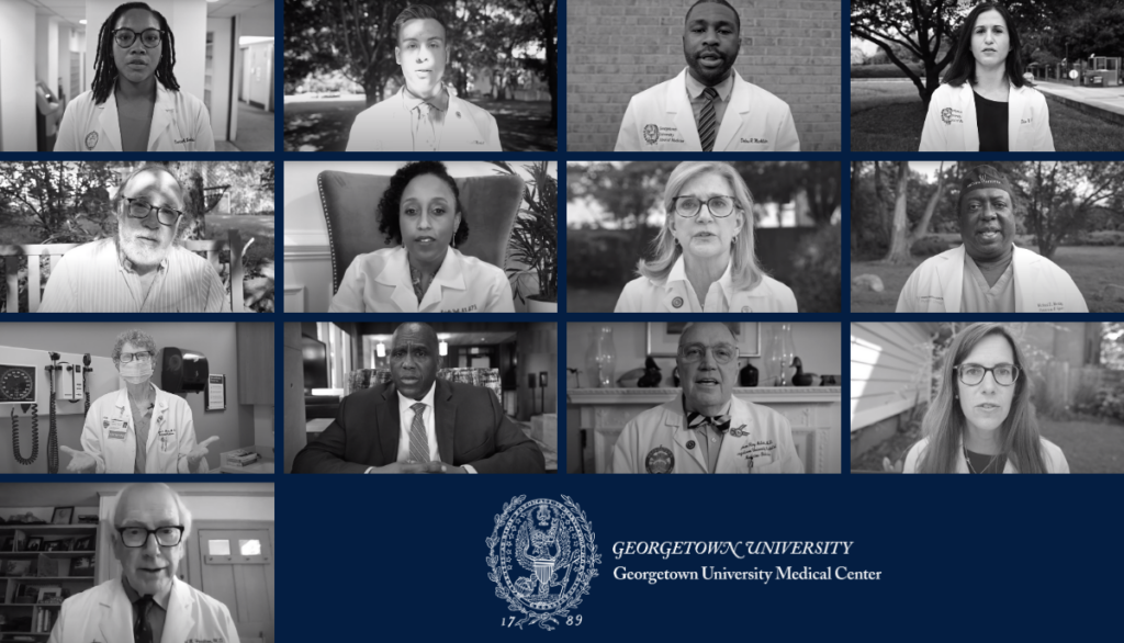 A collage of the portraits of those individuals leading the RJCC and who are featured in the linked video, along with the GU School of Medicine logo