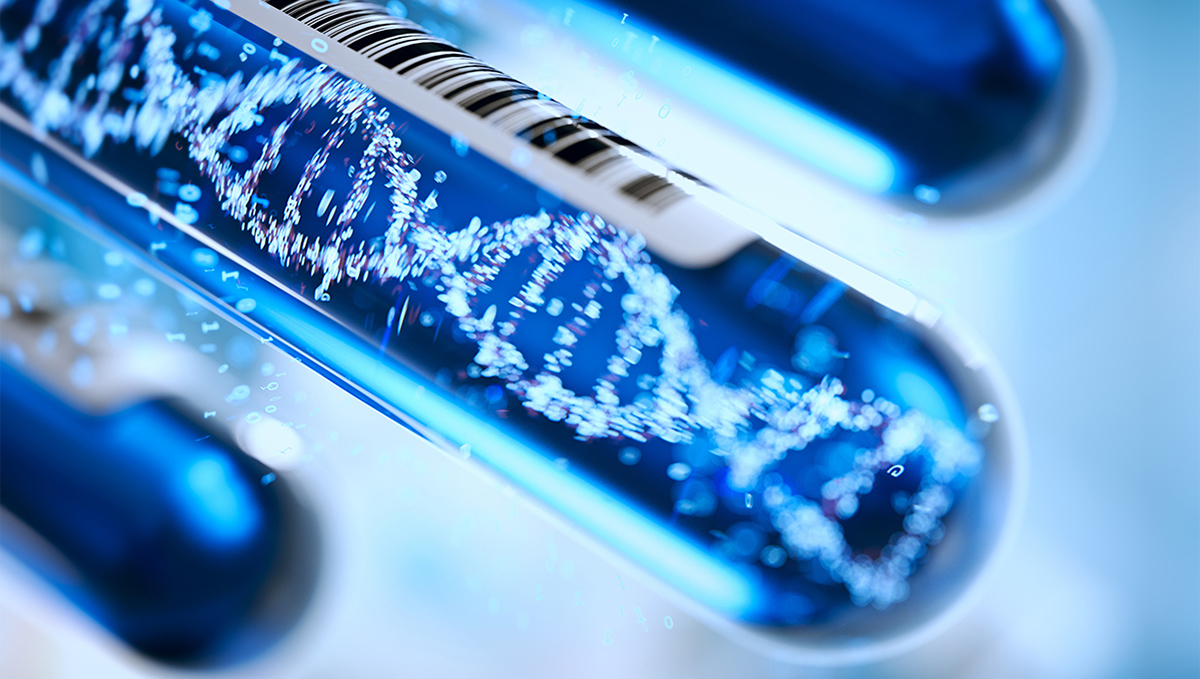 A photoillustration depicts test tubes contanining a strand of DNA