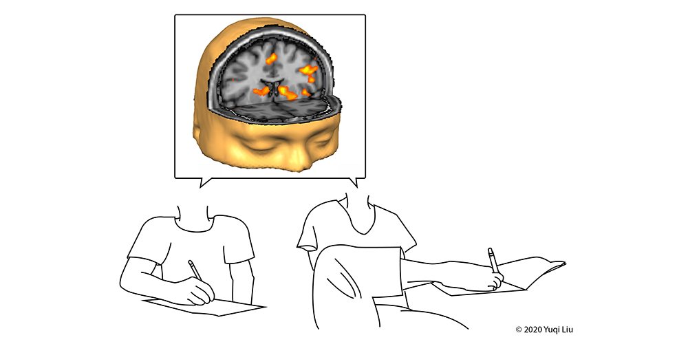 An illustration depicts a brain and line drawing of person writing with a hand and another with a foot