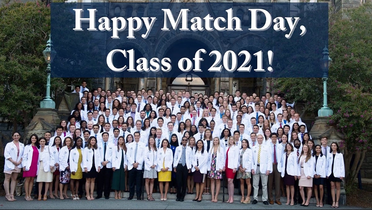 A photoillustration featuring an image of the class of 2021 in their white coats on the steps of Healy Hall, with the words Happy Match Day Class of 2021 above the image