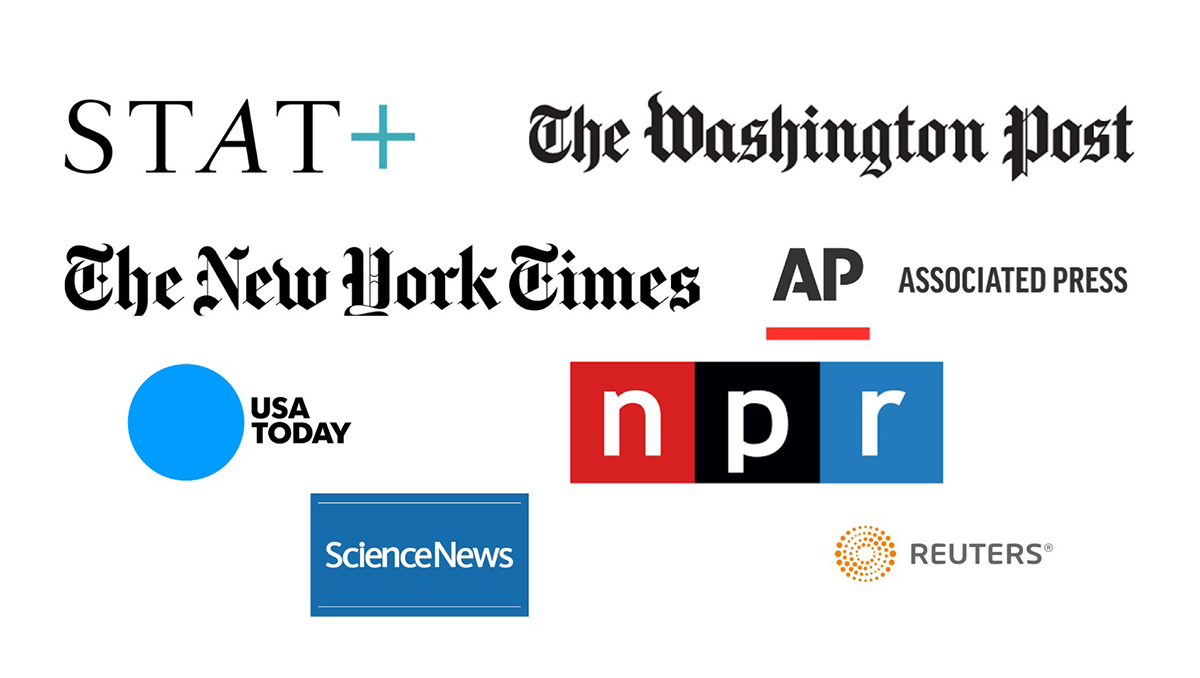 A composite image of the logos of STAT+, The Washington Post, The New York Times, The Associated Press, USA Today, NPR, Science News and Reuters