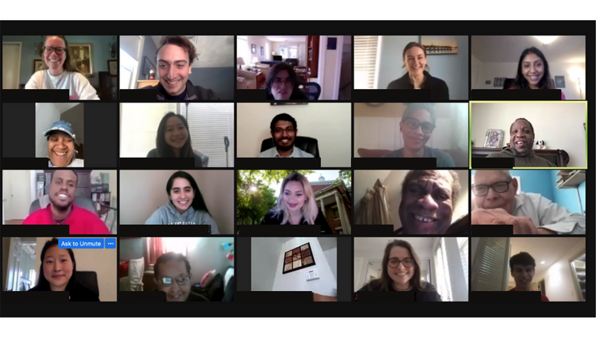 A screenshot of a Zoom meeting of medical students and community members