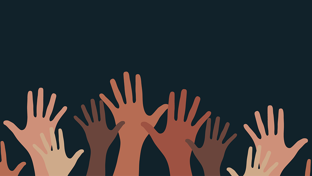 An illustration of hands depicting many races raised in solidarity