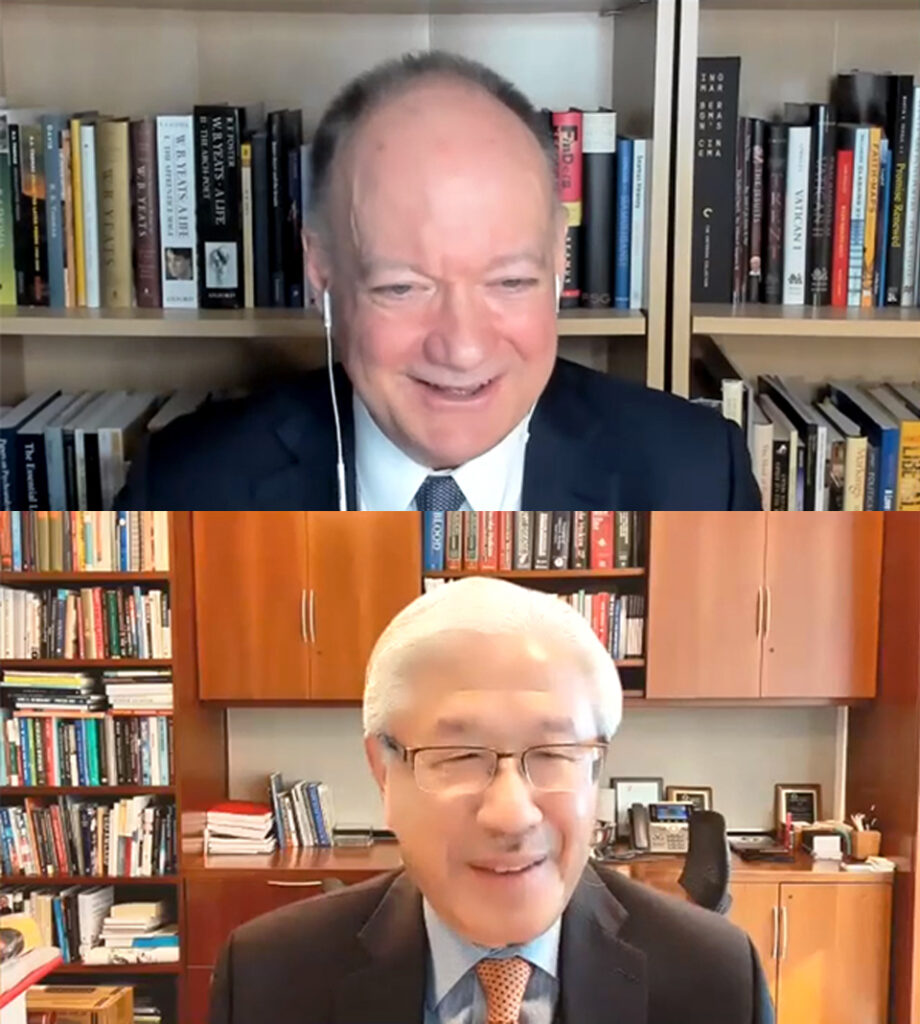 Screenshots of Jack DeGioia and Victor Dzau speaking from their respective offices
