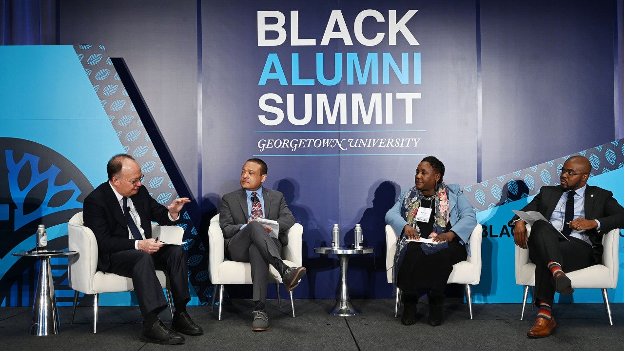 Jack DeGioia shares the stage with the deans of three of the medical center's schools