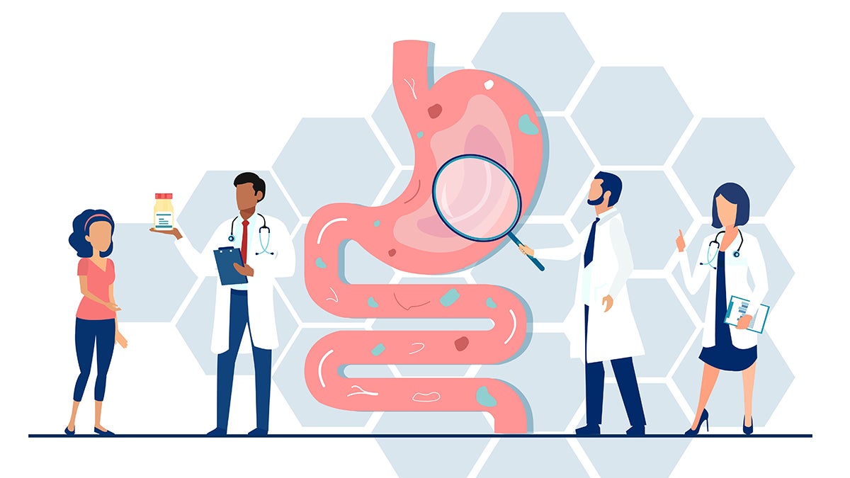 An illustration depicting three medical professionals looking at a stomach and intestines and offering a patient medicine