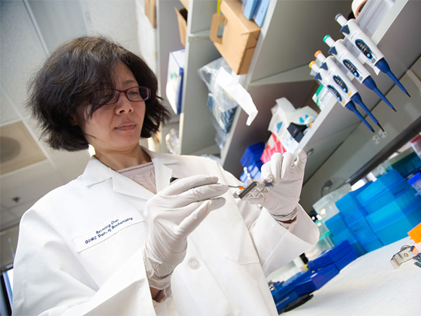 A researcher prepares a slide at a lab bench
