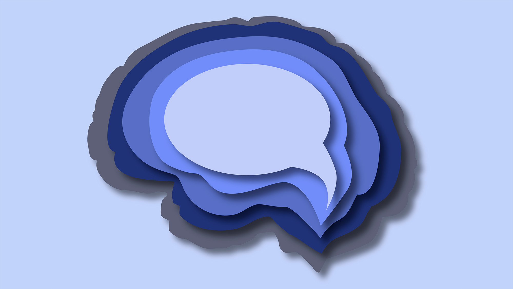 An illustration of a brain with different size speech bubbles nested inside it, symbolizing speech in the brain