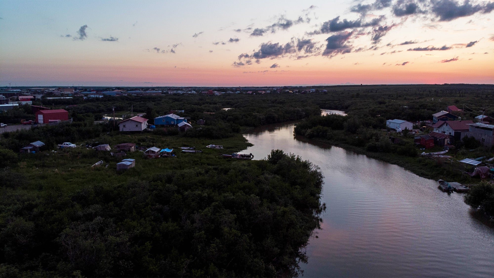 A sunset over Bethel, Alaska, viewed from the air