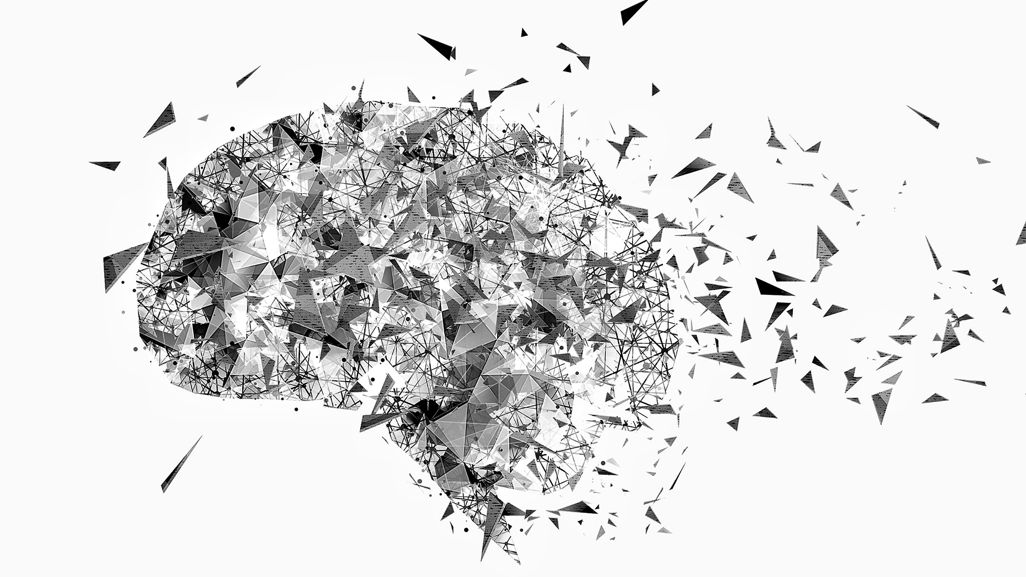 An illustration of a brain disintegrating under an impact
