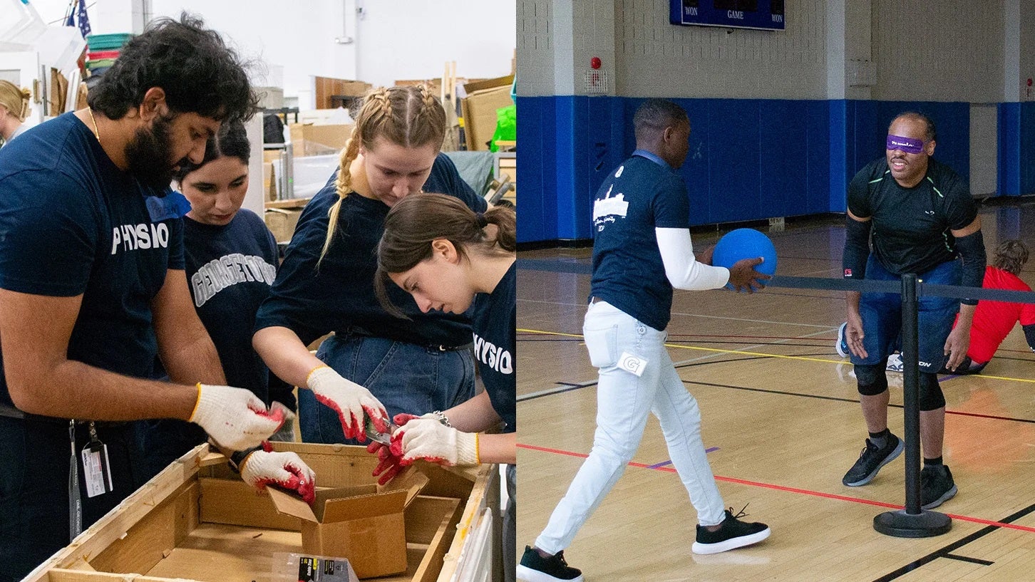 Two images in a collage depict students volunteering at both Habitat for Humanity's RESTORE and with blind participants in a Goalball game