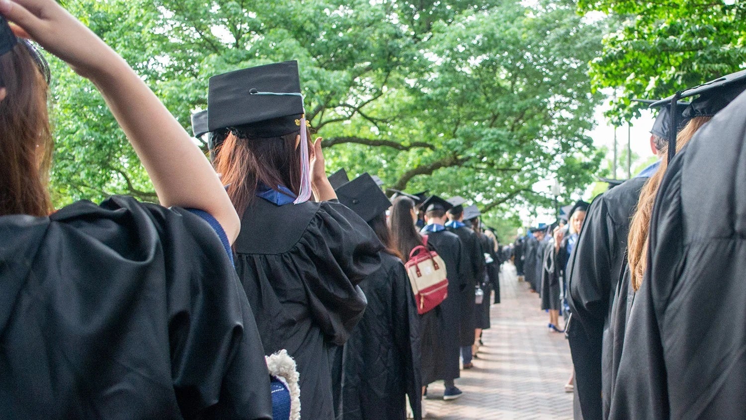Students dressed in caps and gowns walk in line