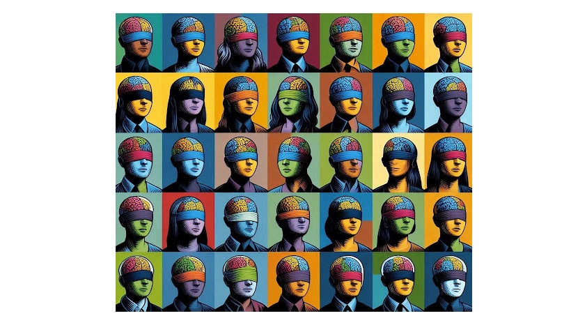 A series of illustrations depicting a variety of people blindfolded to represent blindness with different brain regions in various colors