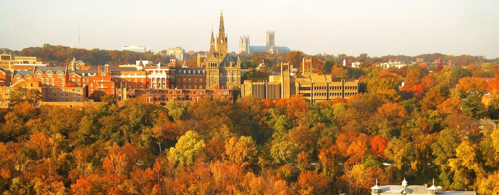 A view of Georgetown's campus from afar in fall
