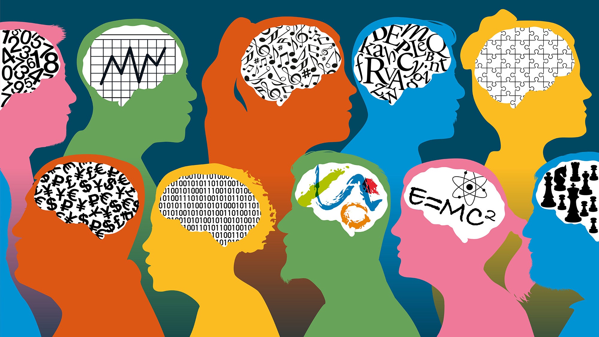 An illustration of silhouettes of figures with brains illustrated with different items indicating various thoughts