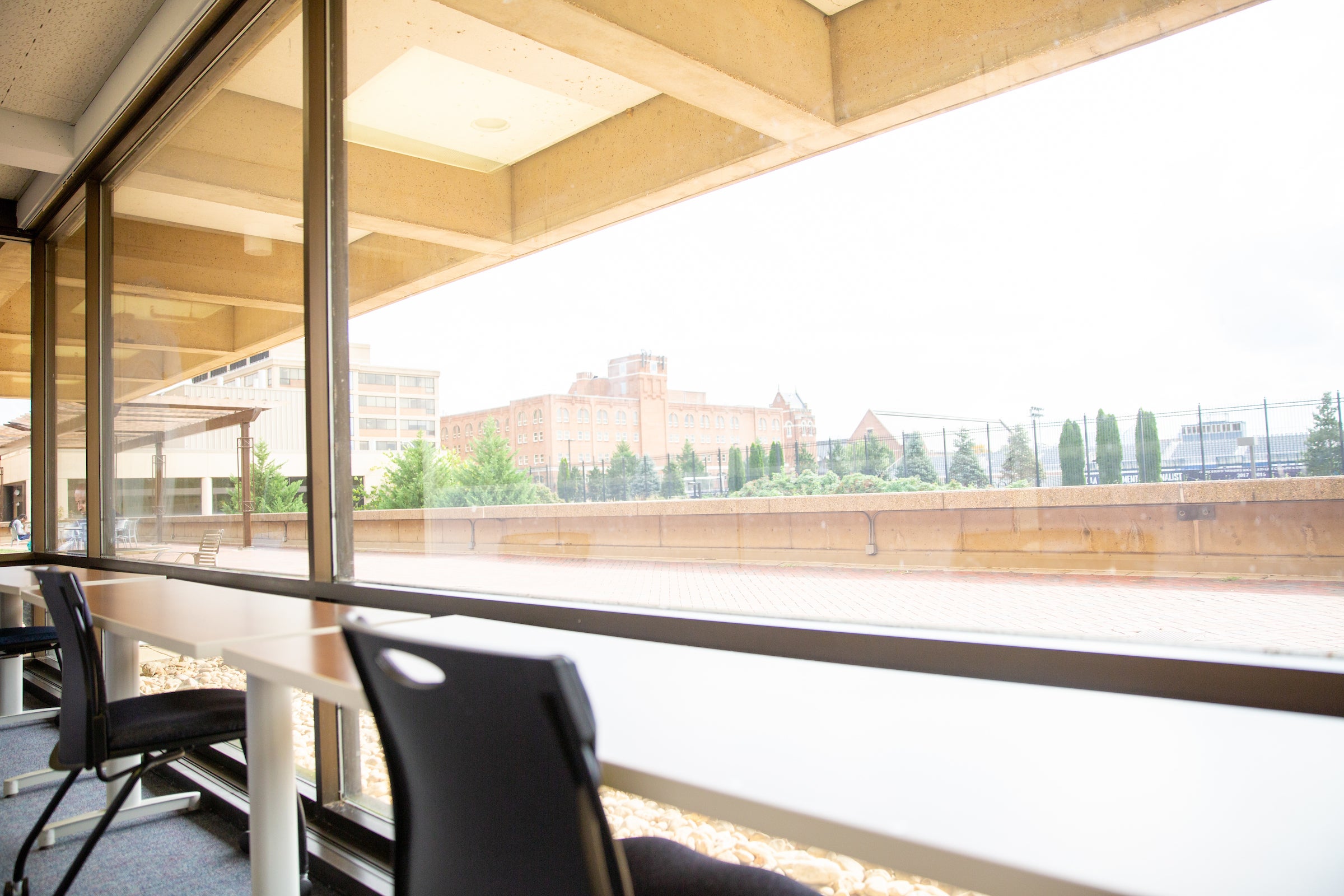 A large window in Dahlgren Memorial Library as viewed from inside looking out at campus