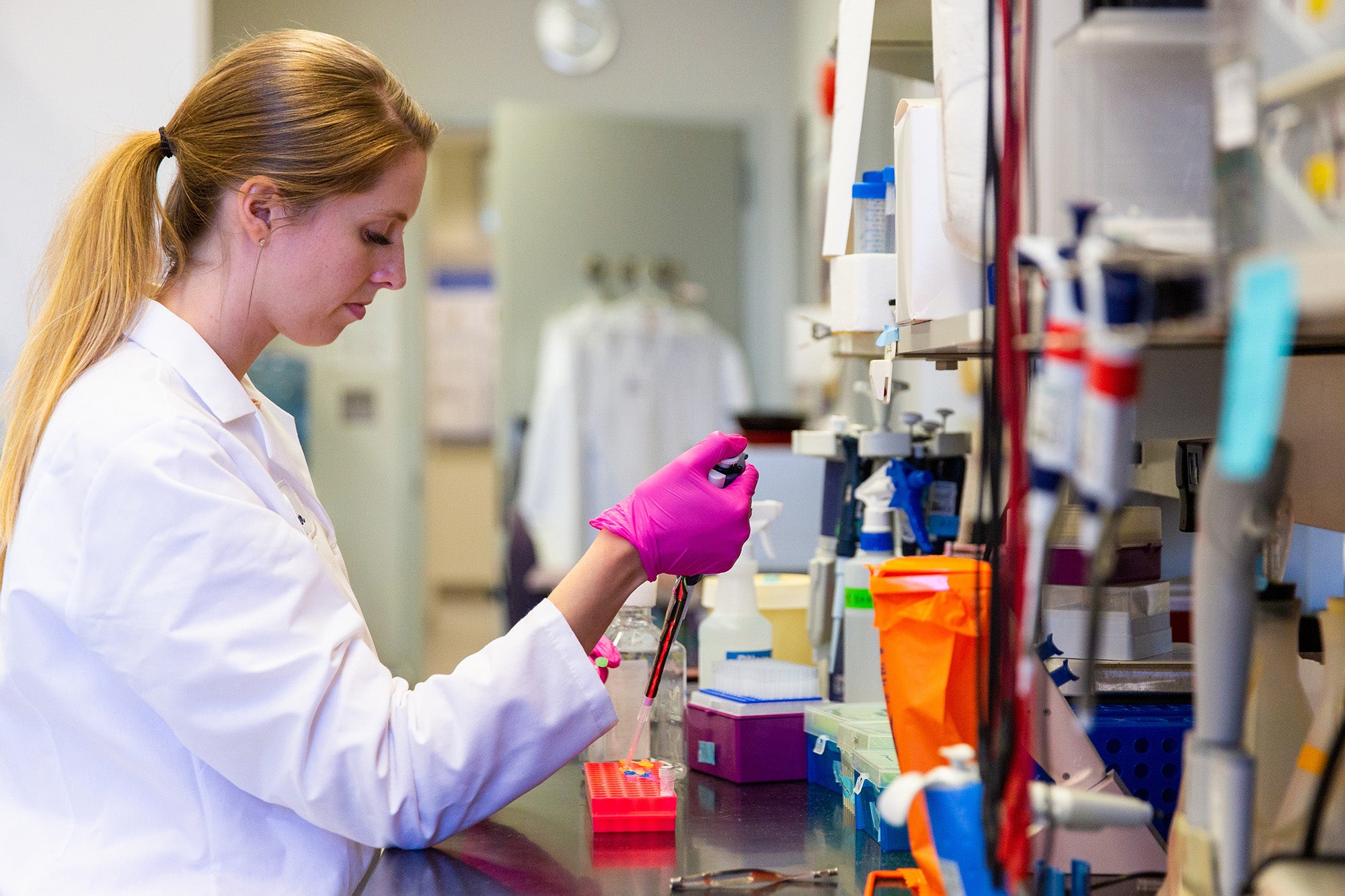A woman works at a lab bench