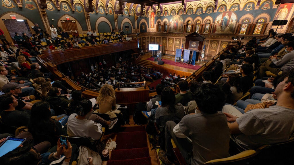 A view of the audience in Warwick Evans Hall from the balcony